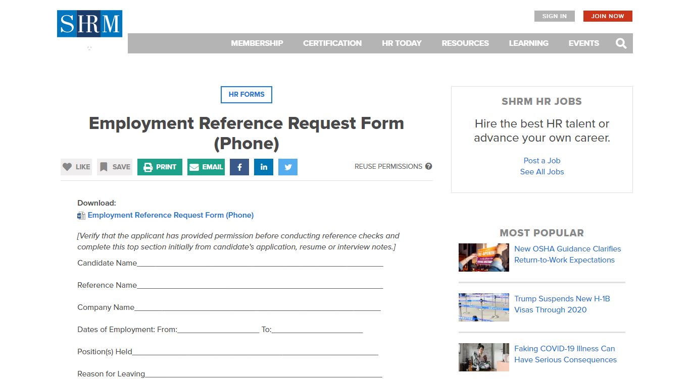 Employment Reference Request Form (Phone) - SHRM